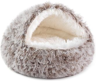 Cat Bed Round Soft Plush Burrowing Cave Hooded Cat Bed Donut for Dogs & Cats, Faux Fur Cuddler Round Comfortable Self Warming pet Bed (Color: Beige, size: 22 'for cat up to 15 lbs)